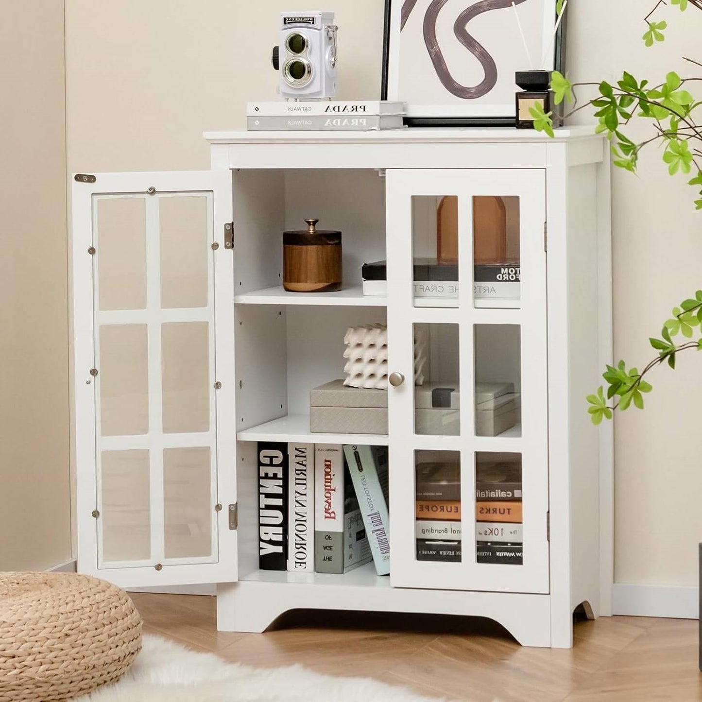 White Bathroom Storage Linen Cabinet with Adjustable Shelves and Glass Doors