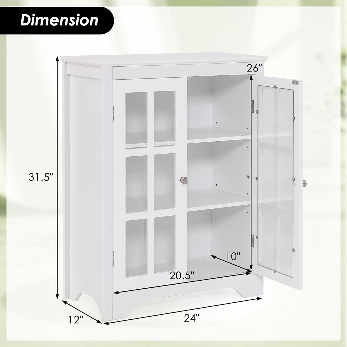 White Bathroom Storage Linen Cabinet with Adjustable Shelves and Glass Doors