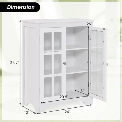White Bathroom Storage Linen Cabinet with Adjustable Shelves and Glass Doors