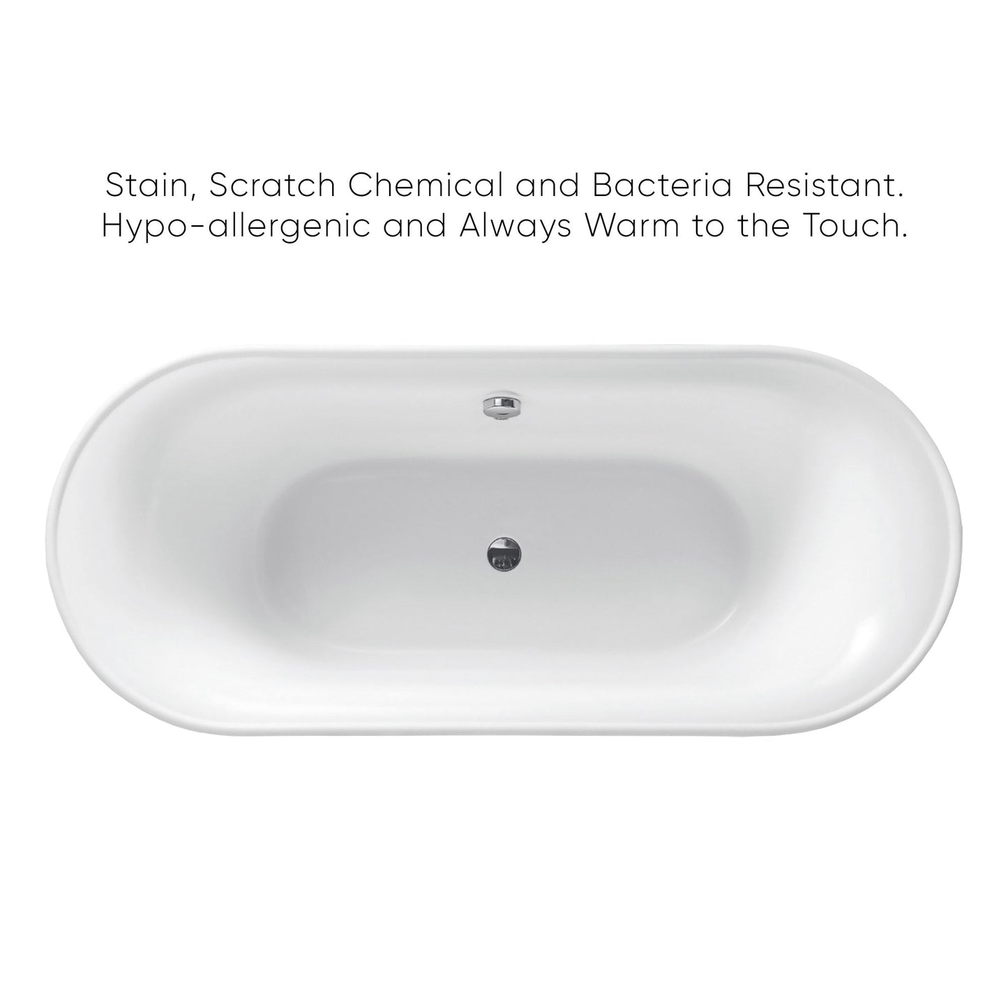 Bathhaus Oval Double Ended Freestanding Lucite Acrylic Bathtub with a Chrome Mechanical Pop-up Waste and Chrome Center Drain with Internal Overflow