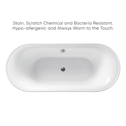 Bathhaus Oval Double Ended Freestanding Lucite Acrylic Bathtub with a Chrome Mechanical Pop-up Waste and Chrome Center Drain with Internal Overflow