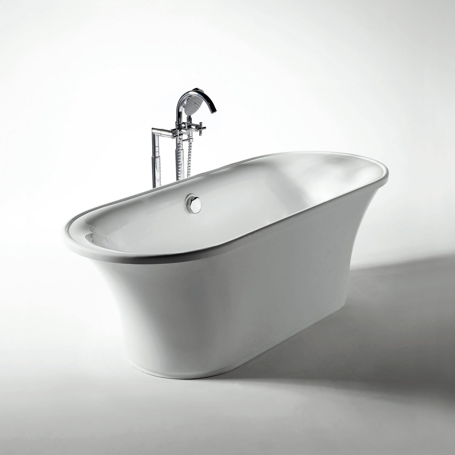 Bathhaus Oval Double Ended Freestanding Lucite Acrylic Bathtub with a Chrome Mechanical Pop-up Waste and Chrome Center Drain with Internal Overflow