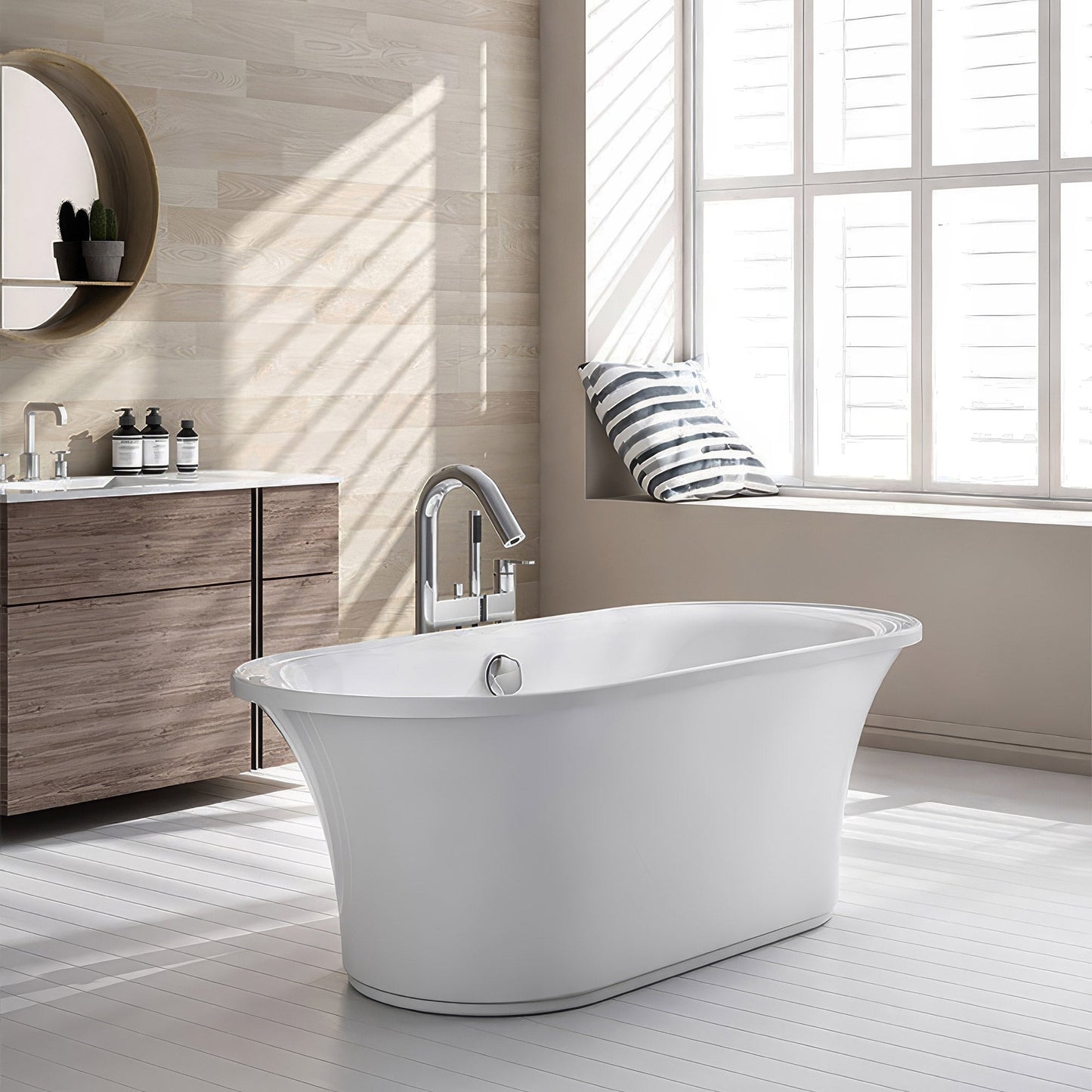 Bathhaus Oval Double Ended Freestanding Lucite Acrylic Bathtub with a Chrome Mechanical Pop-up Waste and Chrome Center Drain with Internal Overflow