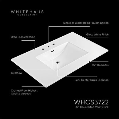 37" Countertop Vanity Sink with Integrated Rectangular Bowl, Single Faucet Drilling and Overflow