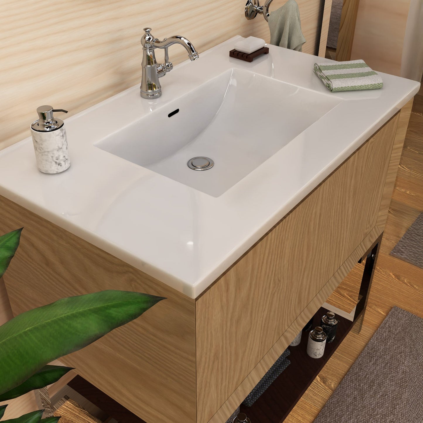 37" Countertop Vanity Sink with Integrated Rectangular Bowl, Single Faucet Drilling and Overflow