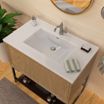 37" Countertop Vanity Sink with Integrated Rectangular Bowl, Single Faucet Drilling and Overflow