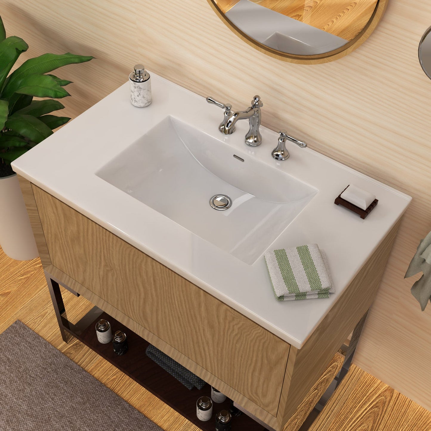 37" Countertop Vanity Sink with Integrated Rectangular Bowl, Single Faucet Drilling and Overflow