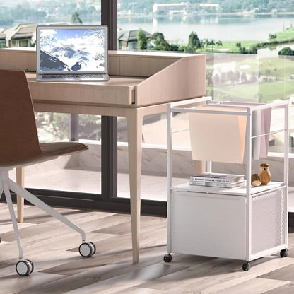 White Metal Wood Rolling File Cabinet with Open File Hanging Bar