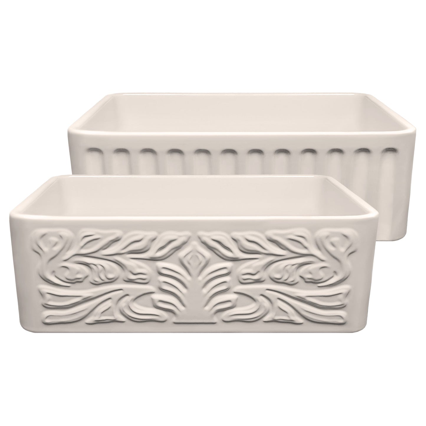 Farmhaus Fireclay Reversible Sink with a Gothichaus Swirl Design Front Apron on One Side, and a Fluted Front Apron on the Opposite Side.