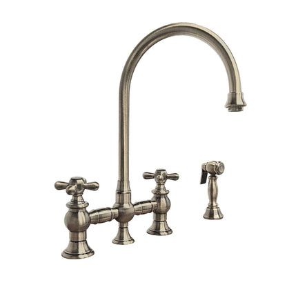 Vintage III Plus Bridge Faucet with Long Gooseneck Swivel Spout, Cross Handles and Solid Brass Side Spray