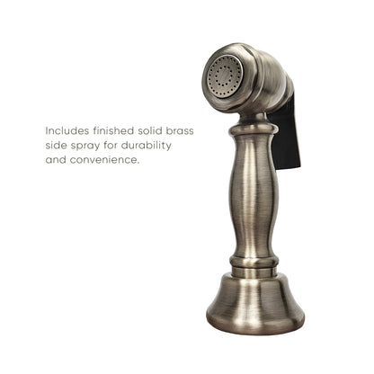 Vintage III Plus Bridge Faucet with Long Gooseneck Swivel Spout, Cross Handles and Solid Brass Side Spray