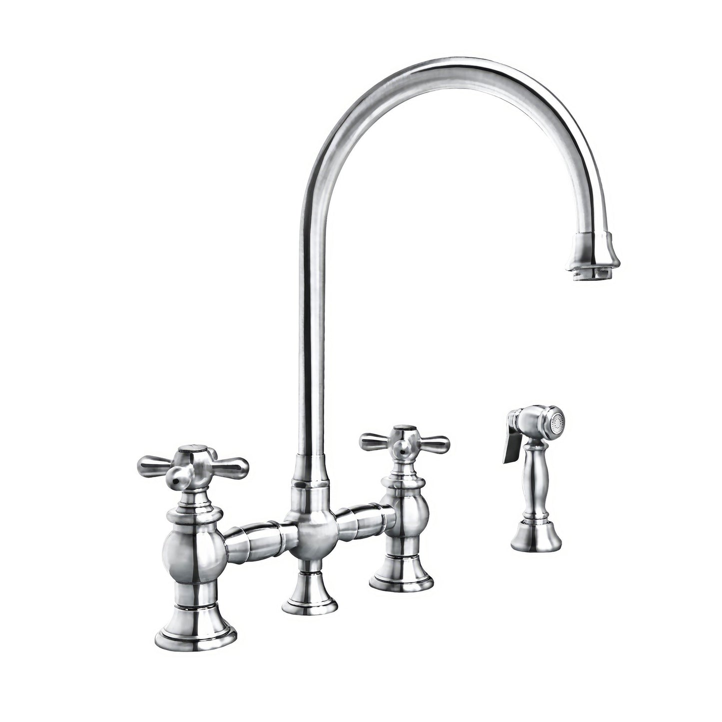 Vintage III Plus Bridge Faucet with Long Gooseneck Swivel Spout, Cross Handles and Solid Brass Side Spray
