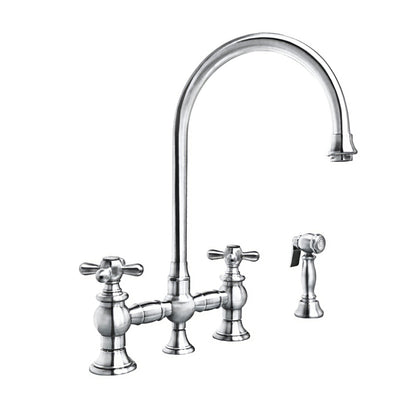 Vintage III Plus Bridge Faucet with Long Gooseneck Swivel Spout, Cross Handles and Solid Brass Side Spray