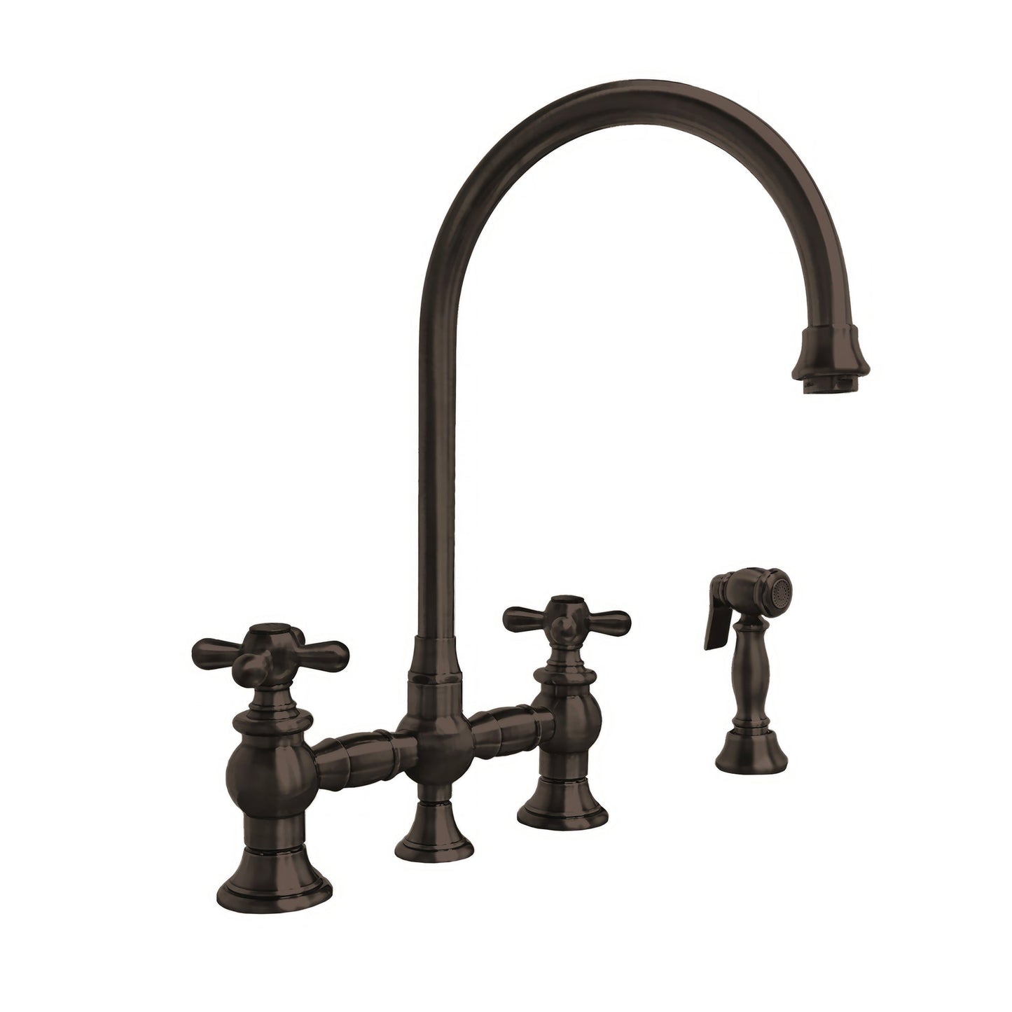 Vintage III Plus Bridge Faucet with Long Gooseneck Swivel Spout, Cross Handles and Solid Brass Side Spray