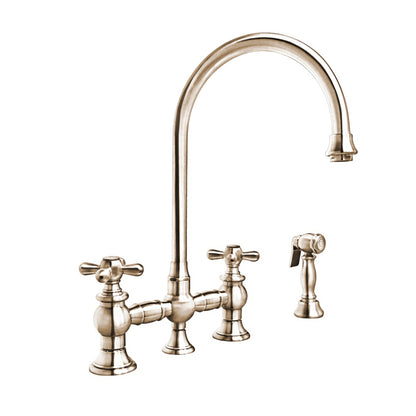 Vintage III Plus Bridge Faucet with Long Gooseneck Swivel Spout, Cross Handles and Solid Brass Side Spray
