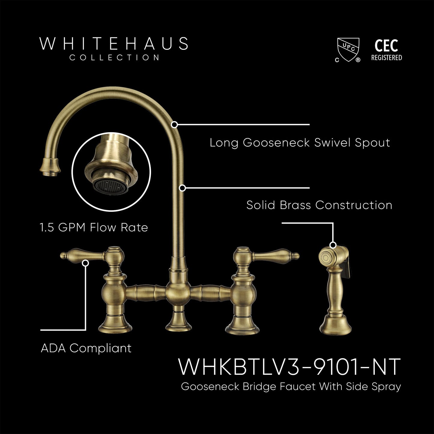 Vintage III Plus Bridge Faucet with Long Gooseneck Swivel Spout, Lever Handles and Solid Brass Side Spray