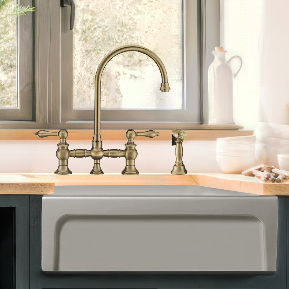 Vintage III Plus Bridge Faucet with Long Gooseneck Swivel Spout, Lever Handles and Solid Brass Side Spray