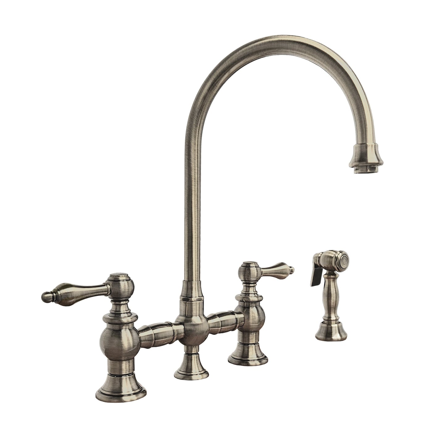 Vintage III Plus Bridge Faucet with Long Gooseneck Swivel Spout, Lever Handles and Solid Brass Side Spray