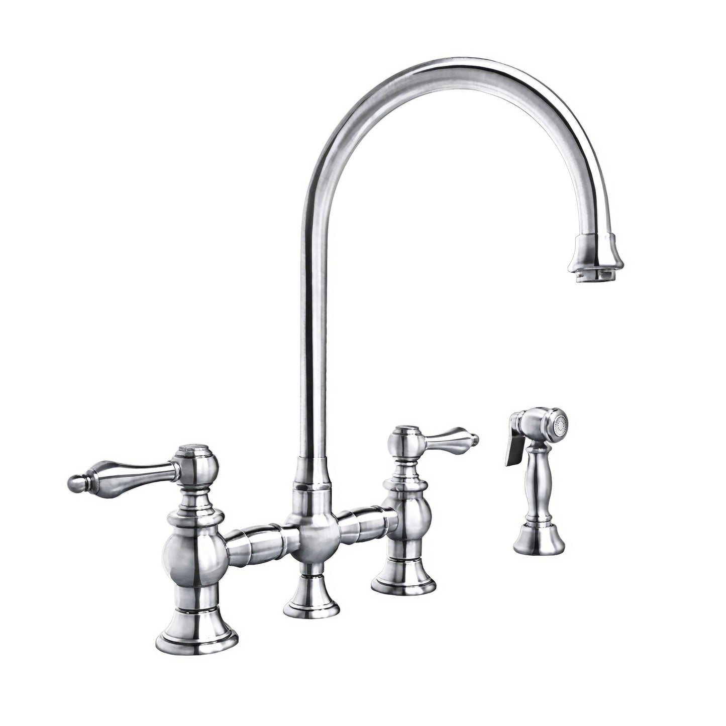 Vintage III Plus Bridge Faucet with Long Gooseneck Swivel Spout, Lever Handles and Solid Brass Side Spray