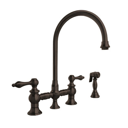 Vintage III Plus Bridge Faucet with Long Gooseneck Swivel Spout, Lever Handles and Solid Brass Side Spray