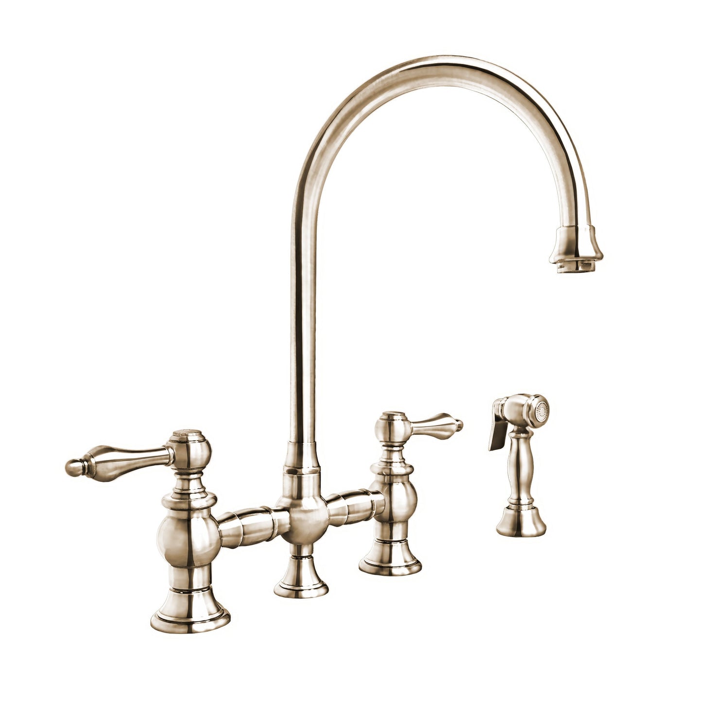 Vintage III Plus Bridge Faucet with Long Gooseneck Swivel Spout, Lever Handles and Solid Brass Side Spray