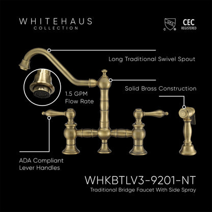 Vintage III Plus Bridge Faucet with Long Traditional Swivel Spout, Lever Handles and Solid Brass Side Spray