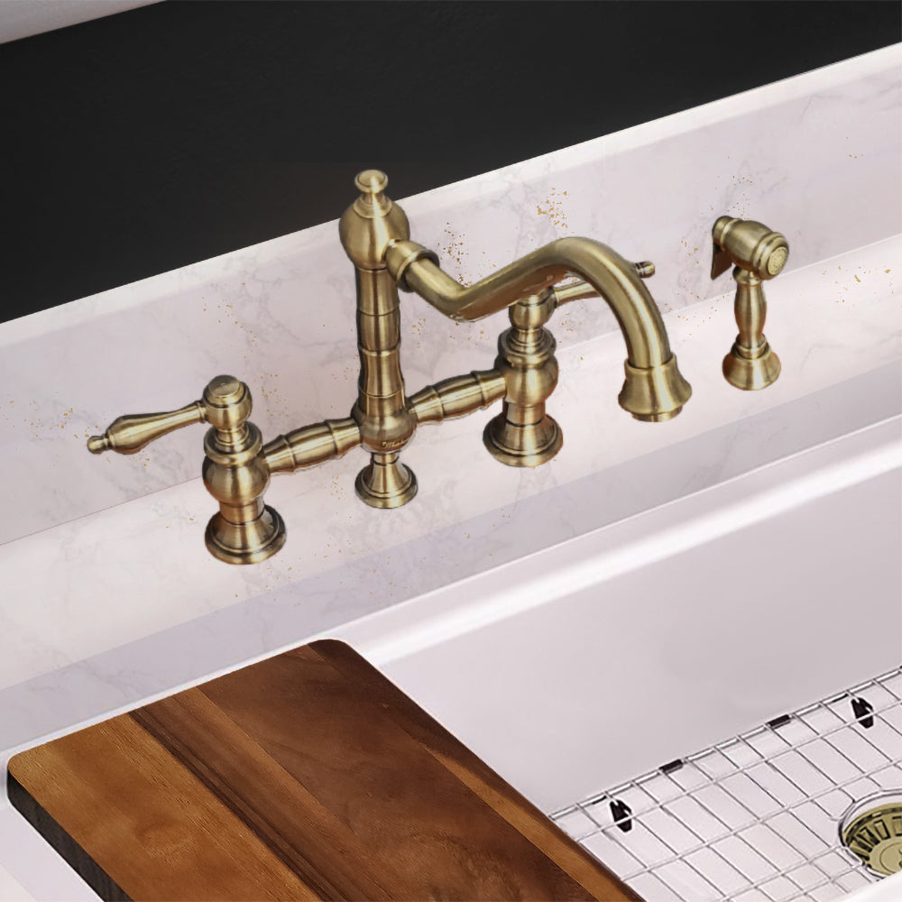 Vintage III Plus Bridge Faucet with Long Traditional Swivel Spout, Lever Handles and Solid Brass Side Spray