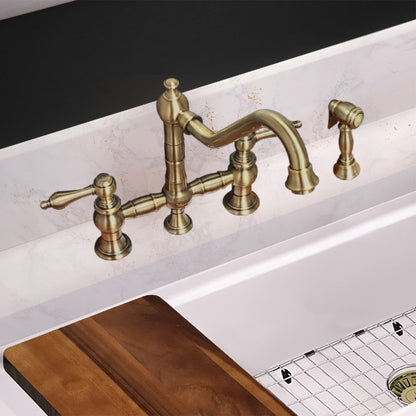 Vintage III Plus Bridge Faucet with Long Traditional Swivel Spout, Lever Handles and Solid Brass Side Spray