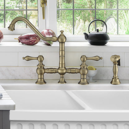 Vintage III Plus Bridge Faucet with Long Traditional Swivel Spout, Lever Handles and Solid Brass Side Spray