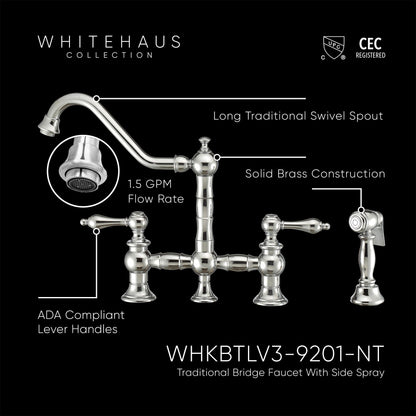 Vintage III Plus Bridge Faucet with Long Traditional Swivel Spout, Lever Handles and Solid Brass Side Spray