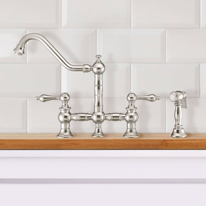 Vintage III Plus Bridge Faucet with Long Traditional Swivel Spout, Lever Handles and Solid Brass Side Spray