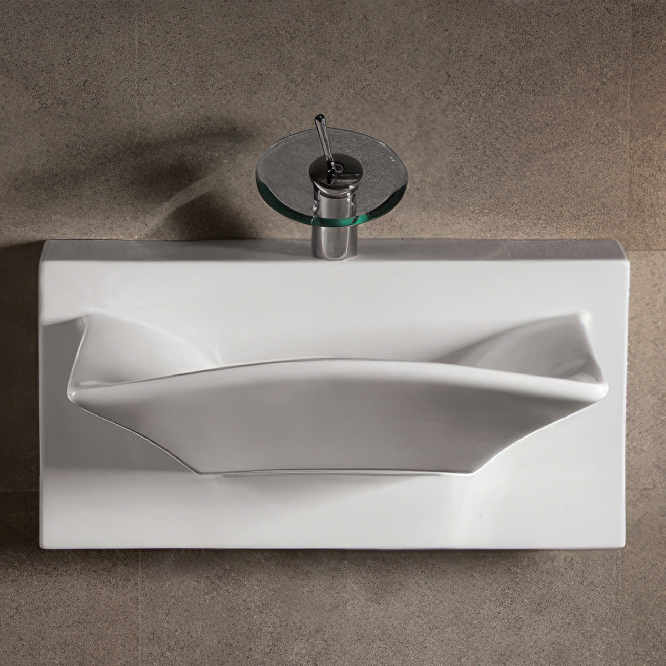 Isabella Collection Rectangular Wall Mount Basin with Integrated Rectangular Bowl, Single Faucet Hole and Rear Center Drain