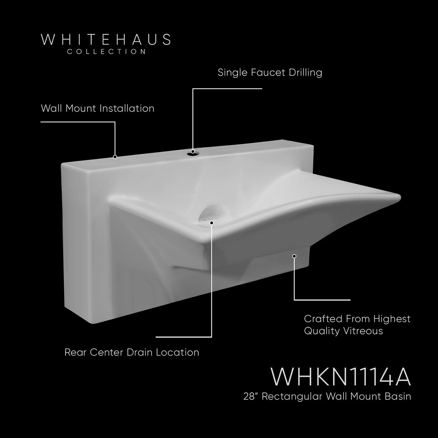 Isabella Collection Rectangular Wall Mount Basin with Integrated Rectangular Bowl, Single Faucet Hole and Rear Center Drain