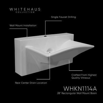 Isabella Collection Rectangular Wall Mount Basin with Integrated Rectangular Bowl, Single Faucet Hole and Rear Center Drain