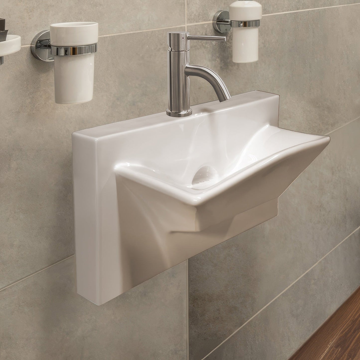 Isabella Collection Rectangular Wall Mount Basin with Integrated Rectangular Bowl, Single Faucet Hole and Rear Center Drain