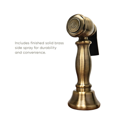 Vintage III Plus single lever faucet with traditional swivel spout and solid brass side spray
