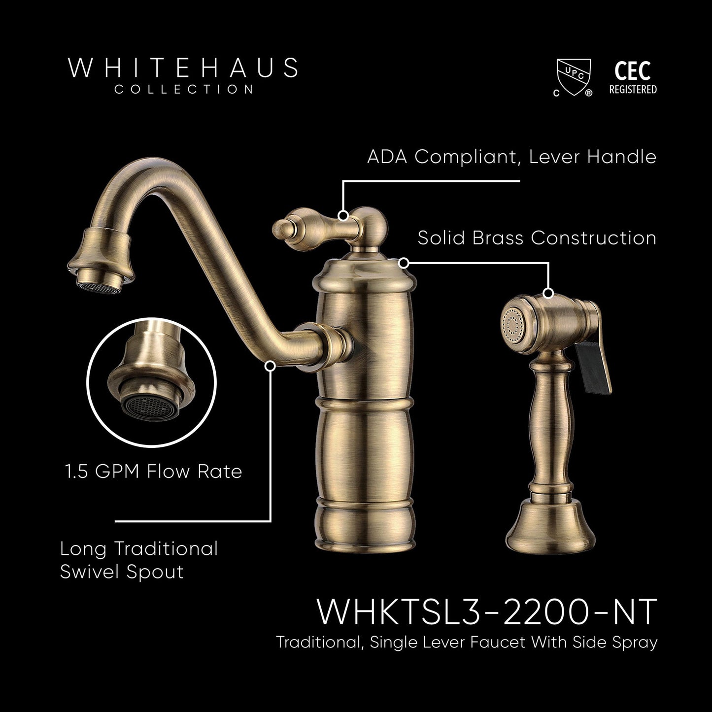 Vintage III Plus single lever faucet with traditional swivel spout and solid brass side spray