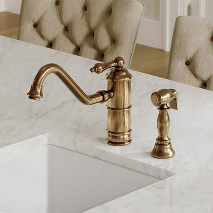 Vintage III Plus single lever faucet with traditional swivel spout and solid brass side spray