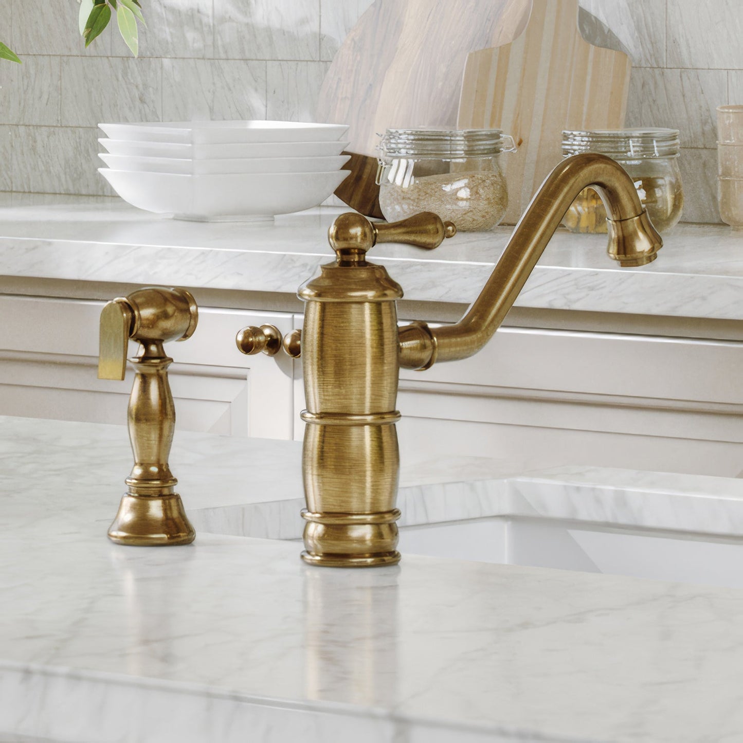 Vintage III Plus single lever faucet with traditional swivel spout and solid brass side spray