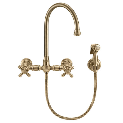 Vintage III Plus Wall Mount Faucet with a  Long Gooseneck Swivel Spout, Cross Handles and Solid Brass Side Spray