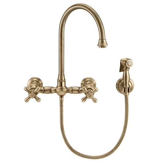 Vintage III Plus Wall Mount Faucet with a  Long Gooseneck Swivel Spout, Cross Handles and Solid Brass Side Spray
