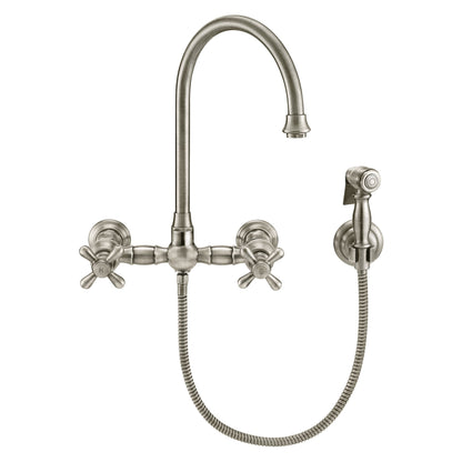 Vintage III Plus Wall Mount Faucet with a  Long Gooseneck Swivel Spout, Cross Handles and Solid Brass Side Spray