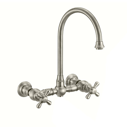 Vintage III Plus Wall Mount Faucet with a  Long Gooseneck Swivel Spout, Cross Handles and Solid Brass Side Spray