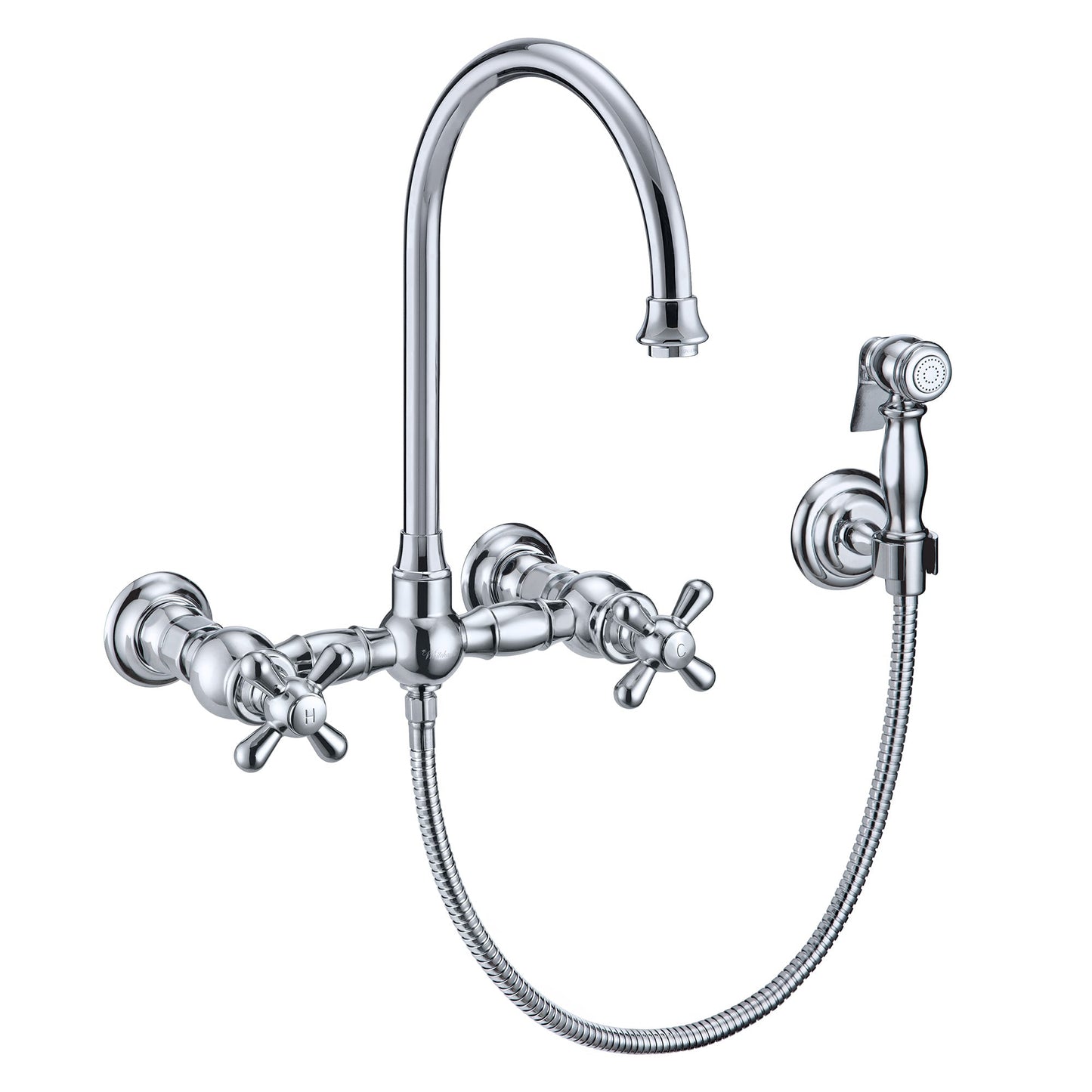 Vintage III Plus Wall Mount Faucet with a  Long Gooseneck Swivel Spout, Cross Handles and Solid Brass Side Spray