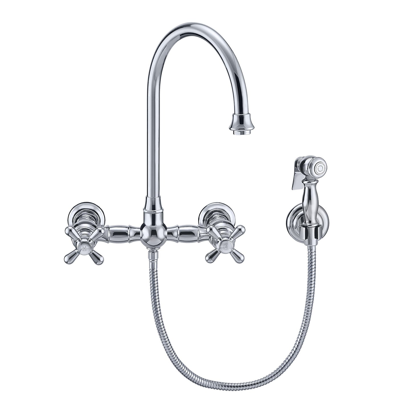 Vintage III Plus Wall Mount Faucet with a  Long Gooseneck Swivel Spout, Cross Handles and Solid Brass Side Spray