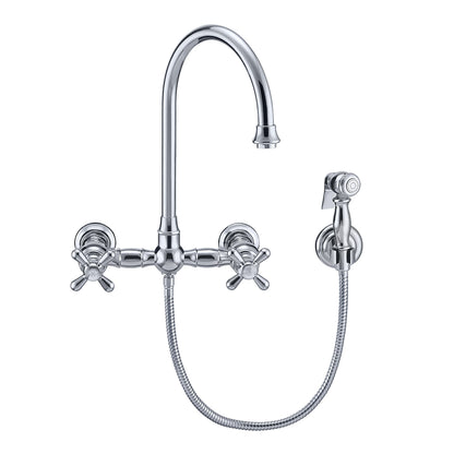 Vintage III Plus Wall Mount Faucet with a  Long Gooseneck Swivel Spout, Cross Handles and Solid Brass Side Spray