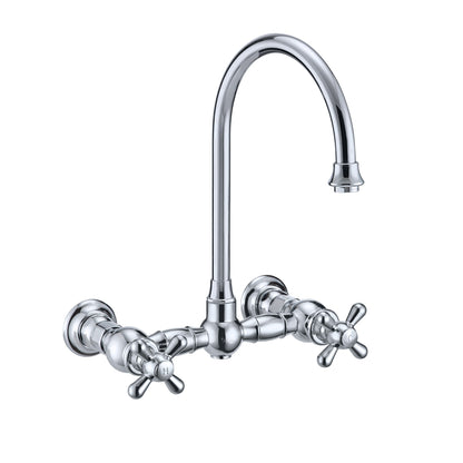 Vintage III Plus Wall Mount Faucet with a  Long Gooseneck Swivel Spout, Cross Handles and Solid Brass Side Spray