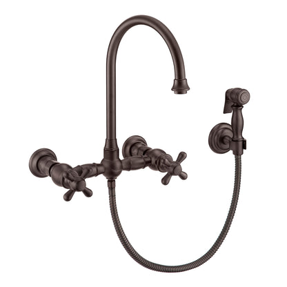 Vintage III Plus Wall Mount Faucet with a  Long Gooseneck Swivel Spout, Cross Handles and Solid Brass Side Spray