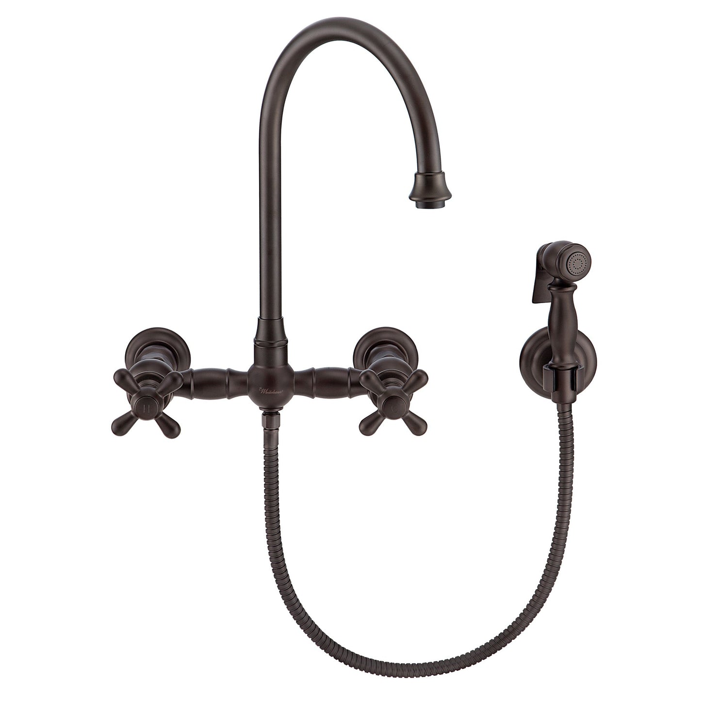 Vintage III Plus Wall Mount Faucet with a  Long Gooseneck Swivel Spout, Cross Handles and Solid Brass Side Spray