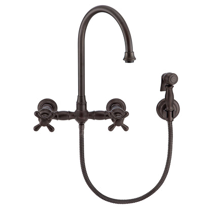 Vintage III Plus Wall Mount Faucet with a  Long Gooseneck Swivel Spout, Cross Handles and Solid Brass Side Spray